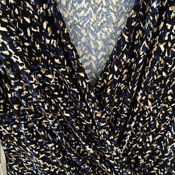 Chaps Blue Black Brown Tan Abstract Print Faux Wrap Dress Size Large - Picture 4 of 7